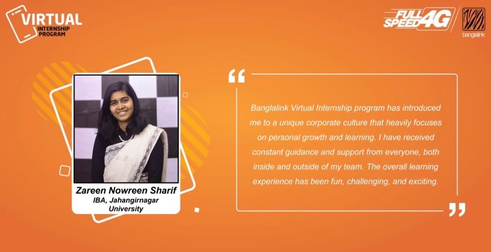 Banglalink Virtual Internship Program testimonial featuring Zareen Nowreen Sharif