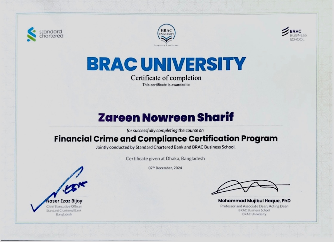 Certificate of completion, Financial Crime and Compliance Certification Program, BRAC University with Standard Chartered Bank